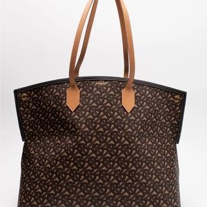 Burberry Society Brown Monogram Canvas Tote with Tan Leather Straps